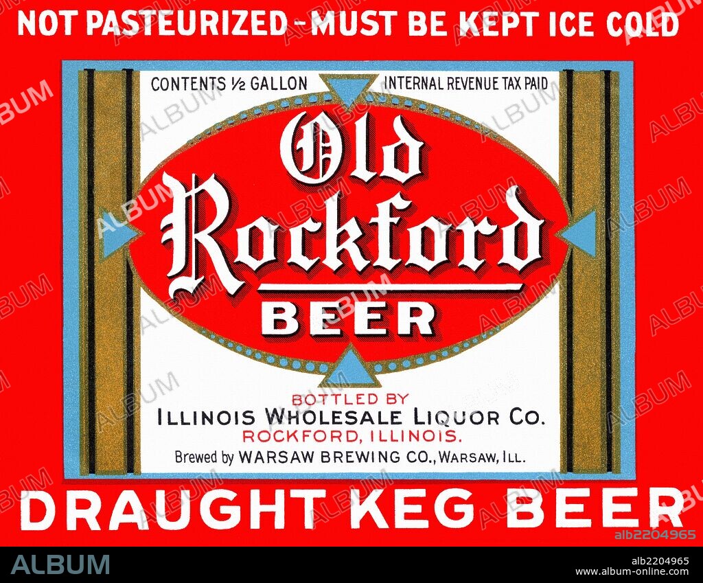 Here is a label for a half-gallon container of Old Rockford "Draught Keg Beer," brewed by the Warsaw Brewing Company, Warsaw, Illinois.