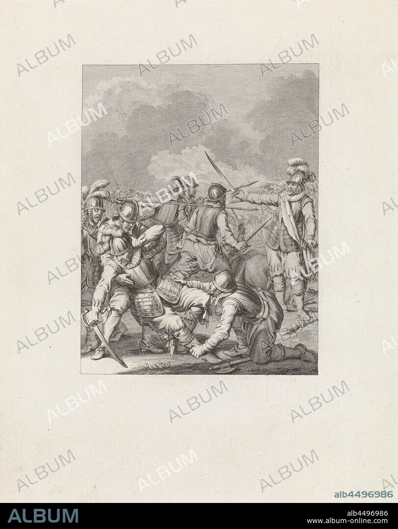Death of Charles de Boisot, 1575 Scenes from the life of Prince William I, 1568-1584 (series title), During a battle with Mondragon, Charles de Boisot finds death on the battlefield, September 29 1575. This print is part of a series of 24 prints with scenes from the life of Prince William I, 1568-1584 and is an illustration for the seventeenth singing., Dying, battle, fighting in general, Charles de Boisot, Cristóbal de Mondragon y Otalora, Theodoor Koning, Amsterdam, 1785, paper, engraving, h 273 mm × w 217 mm.