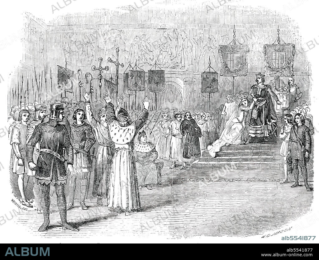 WALTER GEORGE MASON. Mr. Westland Marston's New Play of "Philip of France and Marie de Meranie" (Act III. Scene Last), at the Olympic Theatre, [London], 1850. 'The play met with triumphant success, and has, moreover, the credit of having brought Miss Faucit back to the London public, and restored Mr. Brooke to the Olympic stage. Both, in the parts of the hero and heroine, exerted themselves to the utmost of their talent. Miss Faucit, indeed, acted with her usual fascination. She dropped the words of the text like melodious dews; and, indeed, fully entered into the poetry of the part. The mise en scene was also excellent, and all the appointments, scenery, and costumes were on a costly scale...We consider that the continued success of this tragedy will have important influence on the fortunes of the poetic drama. To the management of Mr. Farren it does the highest honour'. From "Illustrated London News", 1850.