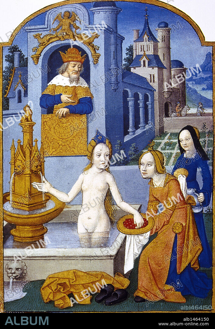 Old Testament. Bathsheba bathing, watched by King David. Miniature. Book of hours. 15th century. Chantilly castle. France.
