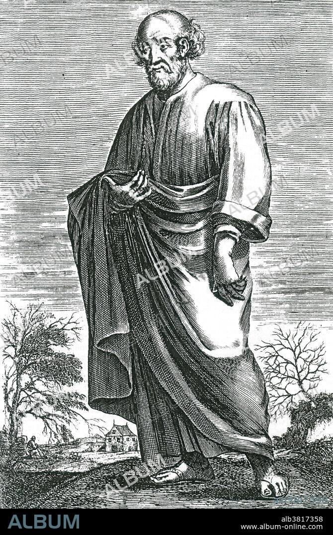 Epicurus (341-270 BC) was an ancient Greek philosopher as well as the founder of the school of philosophy called Epicureanism. Only a few fragments and letters of his 300 written works remain. Much of what is known about Epicurean philosophy derives from later followers and commentators. For Epicurus, the purpose of philosophy was to attain the happy, tranquil life, characterized by ataraxia (peace and freedom from fear) and aponia (the absence of pain) and by living a self-sufficient life surrounded by friends. He taught that pleasure and pain are the measures of what is good and evil; death is the end of both body and soul and should therefore not be feared; the gods neither reward nor punish humans; the universe is infinite and eternal; and events in the world are ultimately based on the motions and interactions of atoms moving in empty space. Engraving from The History of Philosophy by Thomas Stanley published in three successive volumes between.