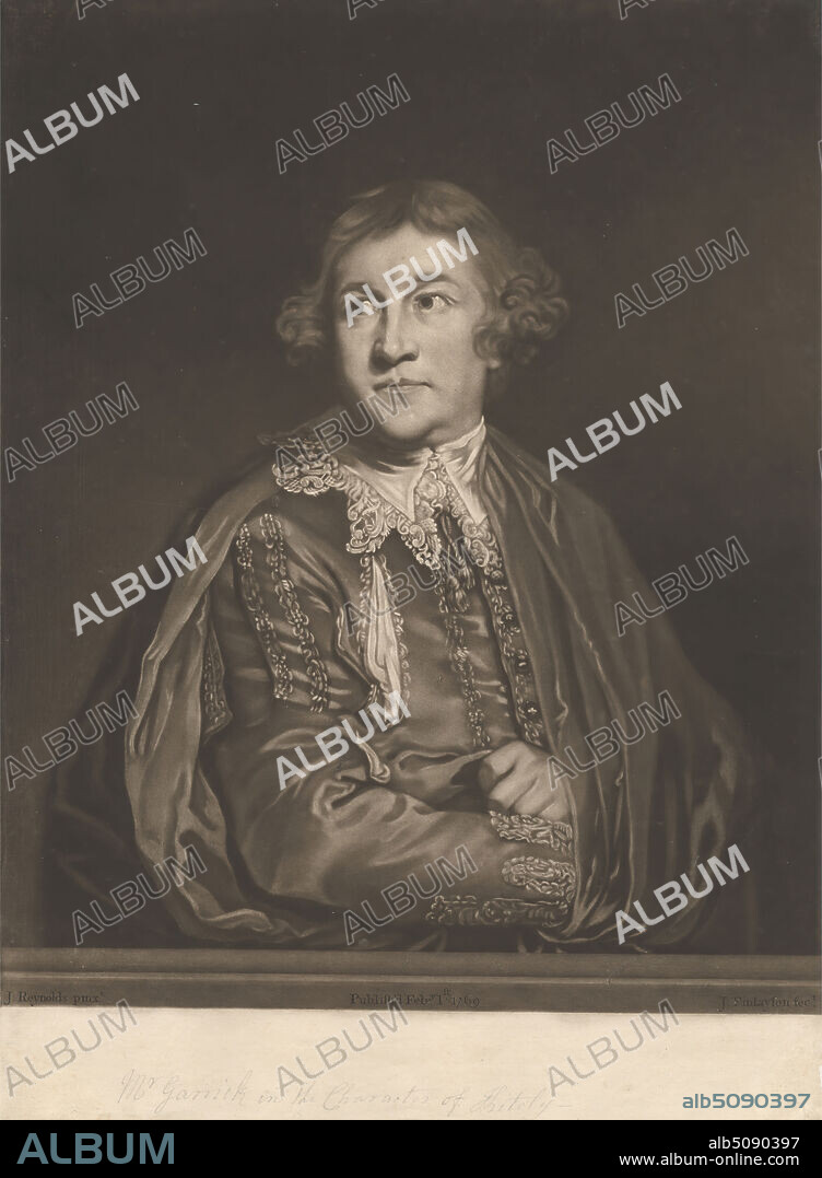 David Garrick in the Character of 'Kitely', Print made by John Finlayson, 17301776, British, after Sir Joshua Reynolds RA, 17231792, British, 1769, Mezzotint on moderately thick, slightly textured, beige laid paper, Sheet: 14 15/16 × 10 15/16 inches (37.9 × 27.8 cm) and Image: 13 7/16 x 10 15/16 inches (34.1 x 27.8 cm), actor, buttons, cape, cloak, collar, embroidery, Every Man in His Humour (1598), play by Benjamin Jonson (1572-1637), lace, literary theme, plays by Benjamin Jonson (15721637), poet and playwright, portrait, posing, tassels, vest.