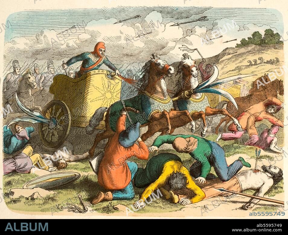 Geschichte / Alter Orient / Perser. "Sichelwagen in der Schlacht". Holzstich, altkoloriert, nach Zeichnung, 1863, v. Heinrich Leutemann (1824-1905). Nr. V der Serie: Bilder aus dem Alterthume, München (Braun & Schneider), Münchener Bilderbogen Nr. 356. Berlin, Sammlung Archiv für Kunst und Geschichte.