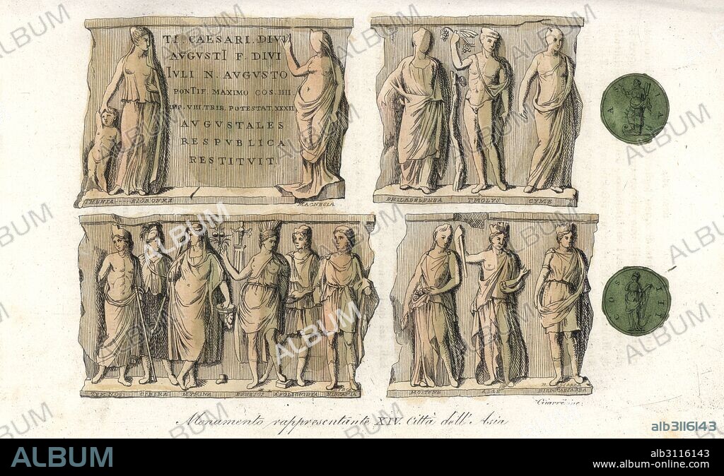 Monument with allegorical statues representing 14 ancient cities of Asia, including Thenia, Magnesia, Philadelphea, Tmolus, Cyme, Temnos, Cybira, Myrina, Ephesos, Apollonidea, Hyrcania, Mostene, Aege, and Hierocaesarea. Handcoloured copperplate engraving by Luigi Giarre from Giulio Ferrario's Ancient and Modern Costumes of all the Peoples of the World, Florence, Italy, 1843.
