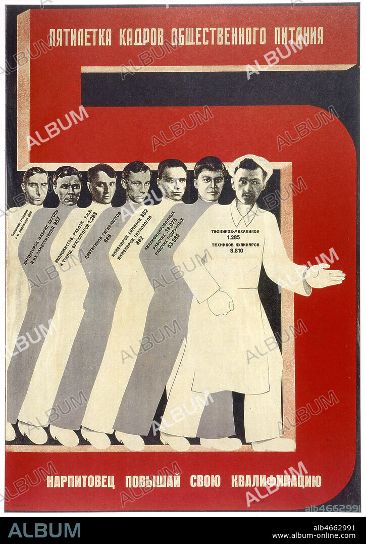 Affiche constructiviste russe pour le 'Plan quiquennal du personnel de la restauration publique' Afffiche de Dimitri Boulansk, 1931 . Credit Collection Kharbine Tapabor.
