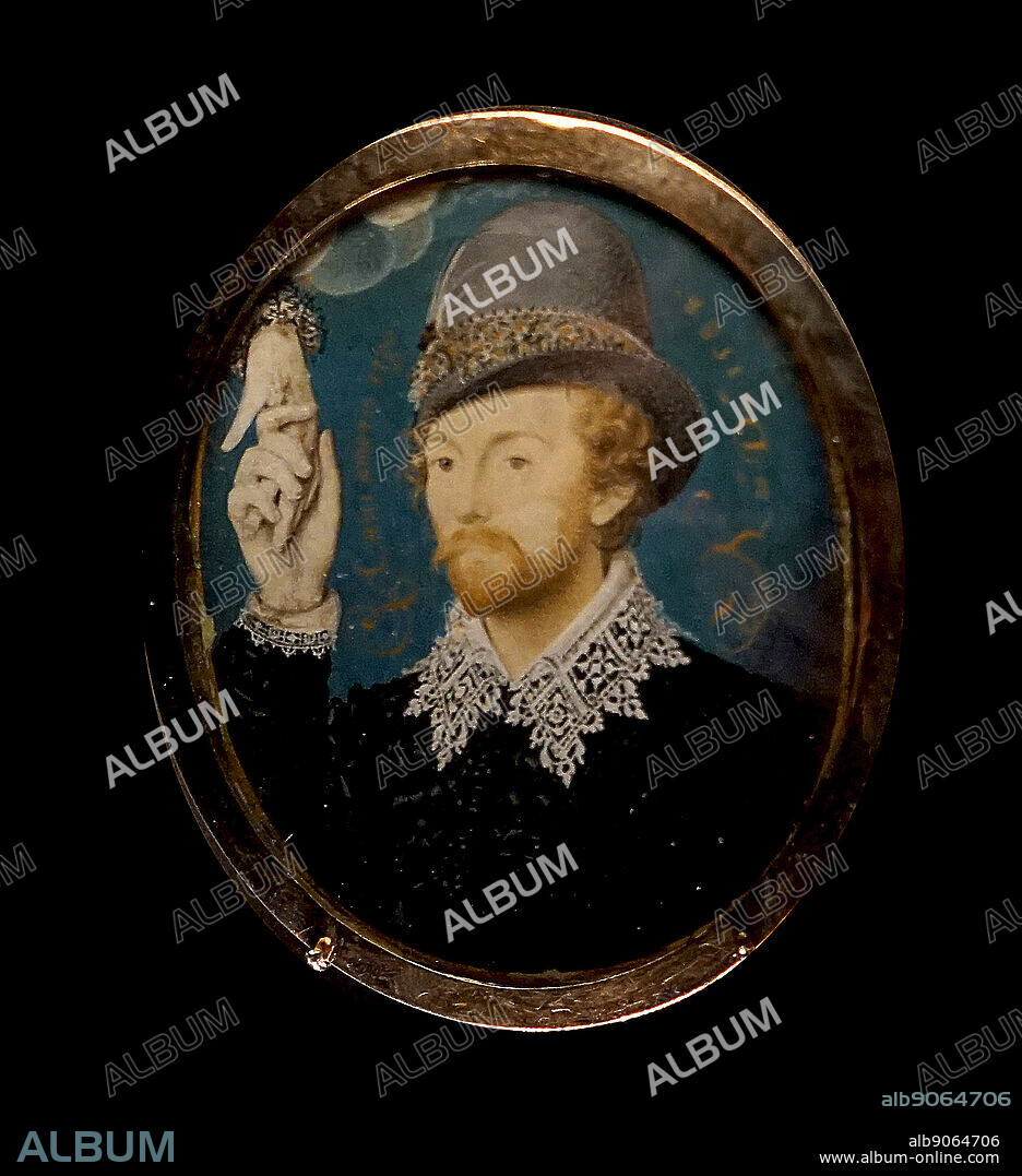 Miniature portrait depicting an unknown man clasping a hand from a cloud by Nicholas Hilliard (1547-1619) an English goldsmith and limner. Dated 16th Century.