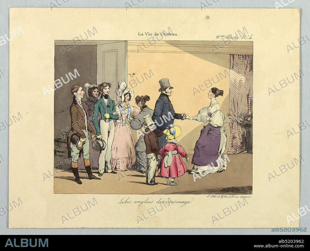 Les anglais du voisinage, La vie de château, Gihaut Frères, French, 1815 - 1871, Eugène Louis Lami, French, 1800 - 1890, Lami-Denozan Libraire, French, active 19th c., Lithograph, brush and watercolor on paper, Three men, two women and two children interring a room, left, being greeting by two young women. Title and lithographer's names below., Paris, France, 1832, Print, Print.