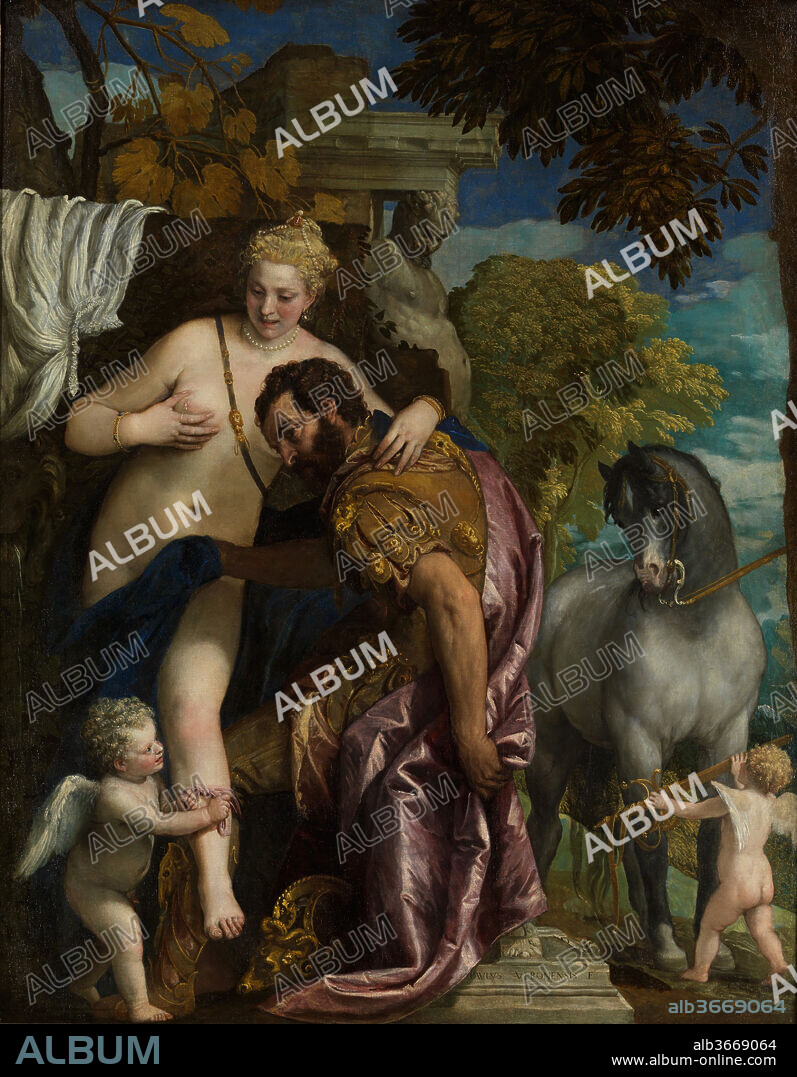 Mars and Venus United by Love. Artist: Paolo Veronese (Paolo Caliari) (Italian, Verona 1528-1588 Venice). Dimensions: 81 x 63 3/8 in. (205.7 x 161 cm). Date: 1570s.

In this visually opulent and sensual painting, Cupid binds Mars (the god of war) to Venus with a love knot. It celebrates the civilizing and nurturing effects of love, as milk flows from Venus's breast and Mars's warhorse is restrained. By 1621 the painting was owned by Emperor Rudolf II in Prague, along with other mythological works by the artist (two are in the Frick Collection, New York), but its original owner is unknown. A masterpiece of light and color, works such as this had an enduring impact on later artists including Velázquez and Giambattista Tiepolo.