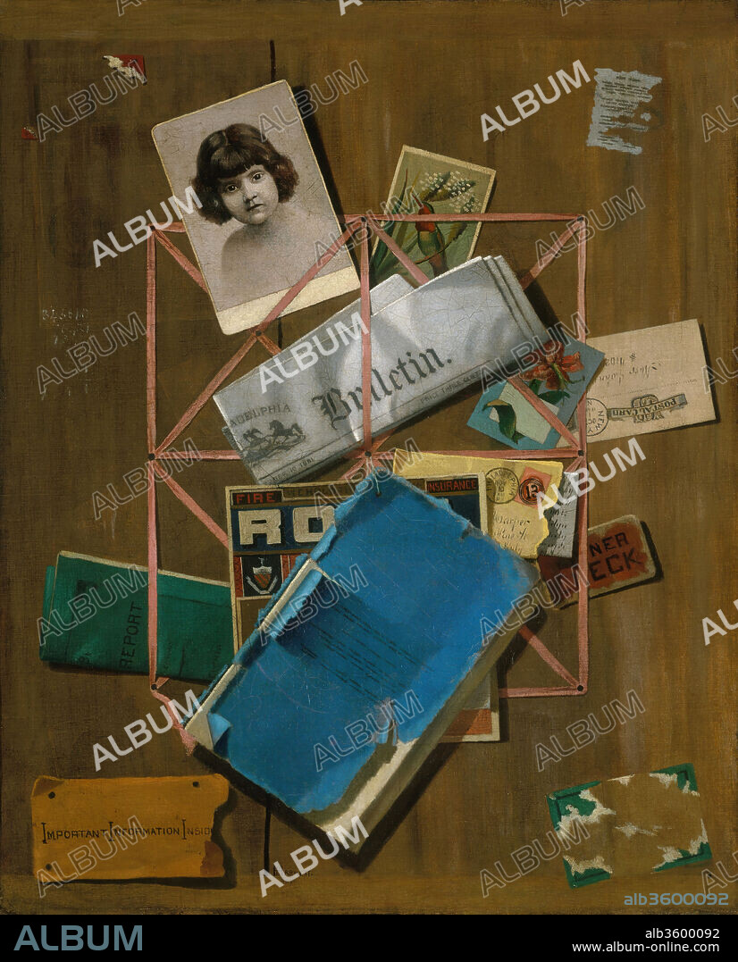 Old Souvenirs. Artist: John F. Peto (1854-1907). Dimensions: 26 3/4 x 22 in. (67.9 x 55.9 cm). Date: ca. 1881-1901.
A typical work by Peto, this painting bears the false signature of William Michael Harnett, his better-known contemporary. Actually, Harnett seems to have been inspired to create "rack" paintings by Peto's example in pictures such as this one. Some of the objects stuck in the grid are dated or datable and provide clues to the years when the artist seems to have worked on the painting. The photograph of Peto's daughter shown at the upper left was probably added, over an earlier portrait, around 1900, when the girl was about seven. Peto's delineation of objects is more generalized and less purely descriptive than Harnett's.