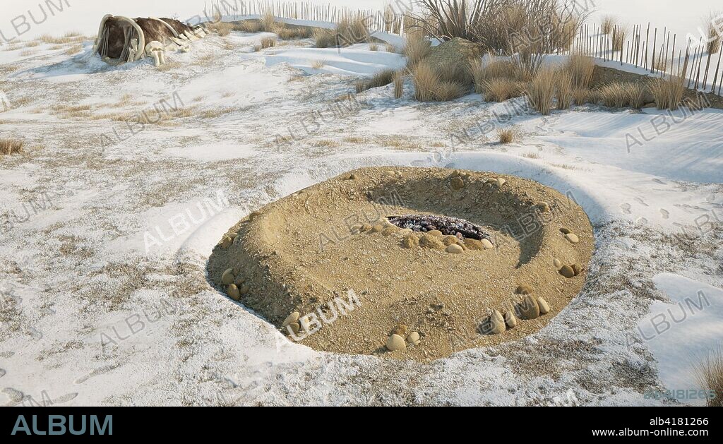 Dolni Vestonice, reconstrucción ideal de una de las cabañas excavadas en dicho yacimiento, construida con estructura de madera sobre base excavada de tierra, cubierta con pieles y con abundantes huesos de mamut que actuan como refuerzo y parapeto contra el viento y la nieve. (Construcción 01).