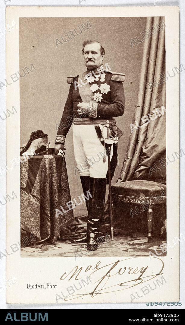 Portrait of Elie Frédéric Forey Duke of Puebla (1804-1872), (Marshal of France, Senator, Commander), Disdéri, André-Adolphe-Eugène, Photographer, Before 1872, 2nd half of the 19th century, Photography, Graphic arts, Photography, Albumen paper print, Dimensions - Work: Height: 8.5 cm, Width: 5.2 cm, Dimensions: Height: 10.5 cm, Width: 6.2 cm.