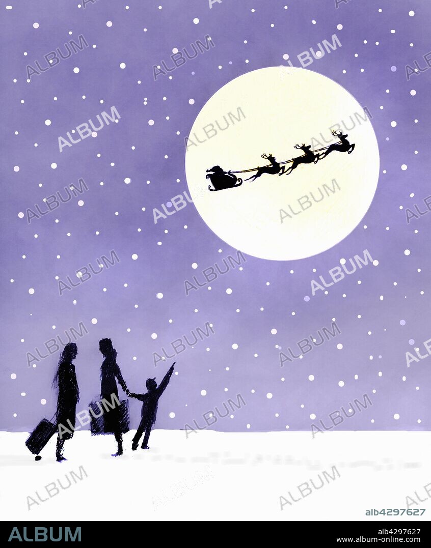 Child with mother looking up at silhouette of Santa Claus and reindeer in full moon.