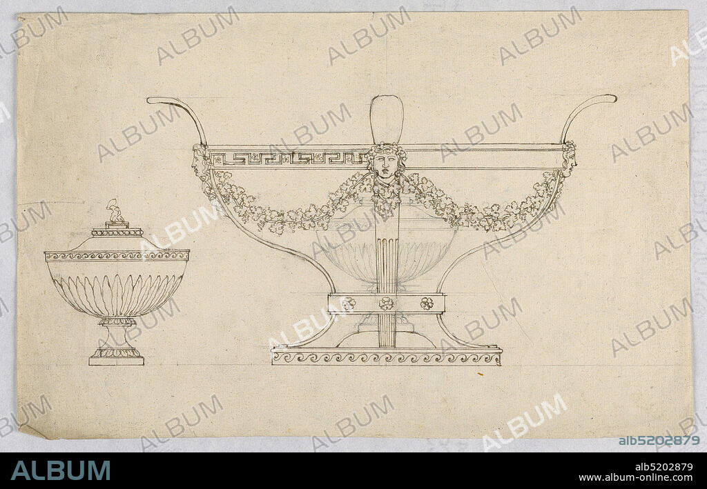 Design for a Salt or Pepper Cellar, Pietro Belli, Italian, 17801828, Pen and ink, graphite on paper, Horizontal rectangle. Design for a salt or pepper cellar. At right is the elevation: below is a base decorated with a wave ornament, with part of a sphere in the center. Four curved legs stand upon it. Above, the legs lead to masks, supporting vine festoons.They are connected by a moulding with a fret band. Above are slopes as handles. Upon the sphere stands a tureen. Its elevation is drawn at left. The lower part of its body is covered by a row of leaves. On top is a figure., Rome, Italy, early 19th century, tableware designs, Drawing, Drawing.