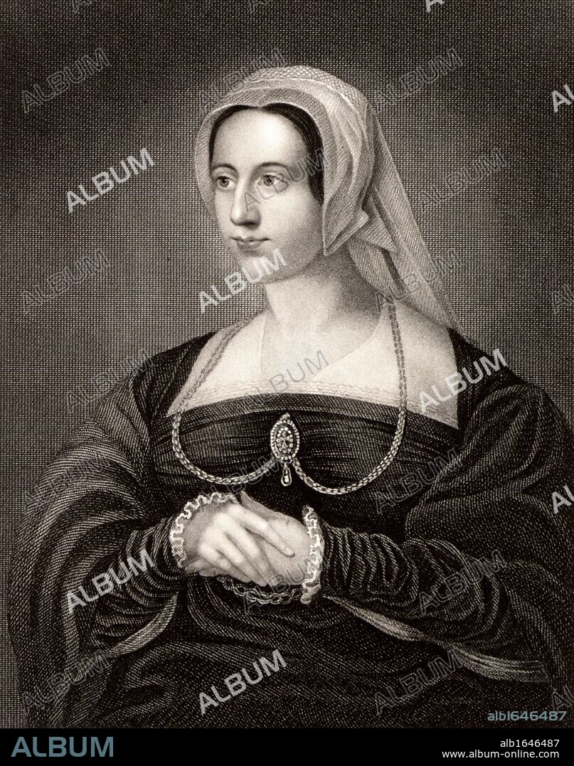 Catherine Parr (1512-1548) sixth queen of Henry VIII of England (1543-1547) and, after she had been widowed, wife of Thomas Seymour. Engraving after portrait by Holbein. (Photo by: Universal History Archive/UIG via Getty Images).