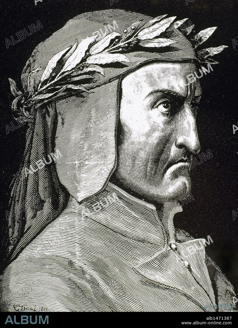 PAUL GUSTAVE DORÉ (basado en). DANTE ALIGHIERI (1265-1321). Poeta italiano, autor de "La Divina Comedia" (1307-1321), poema escrito en toscano donde se relata el viaje de Dante para llegar a la contemplación divina. Grabado de Pannemaker.