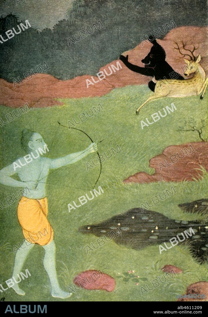 'The Death of Maricha', 1920. A scene from the Hindu epic, the Ramayana. Maricha takes the form of a golden deer and is killed by Rama, an avatar of the God Vishnu. From "Myths of the Hindus & Buddhists", by The Sister Nivedita and Ananda K. Coomaraswamy. [George G. Harrap & Company Ltd, London, 1920].