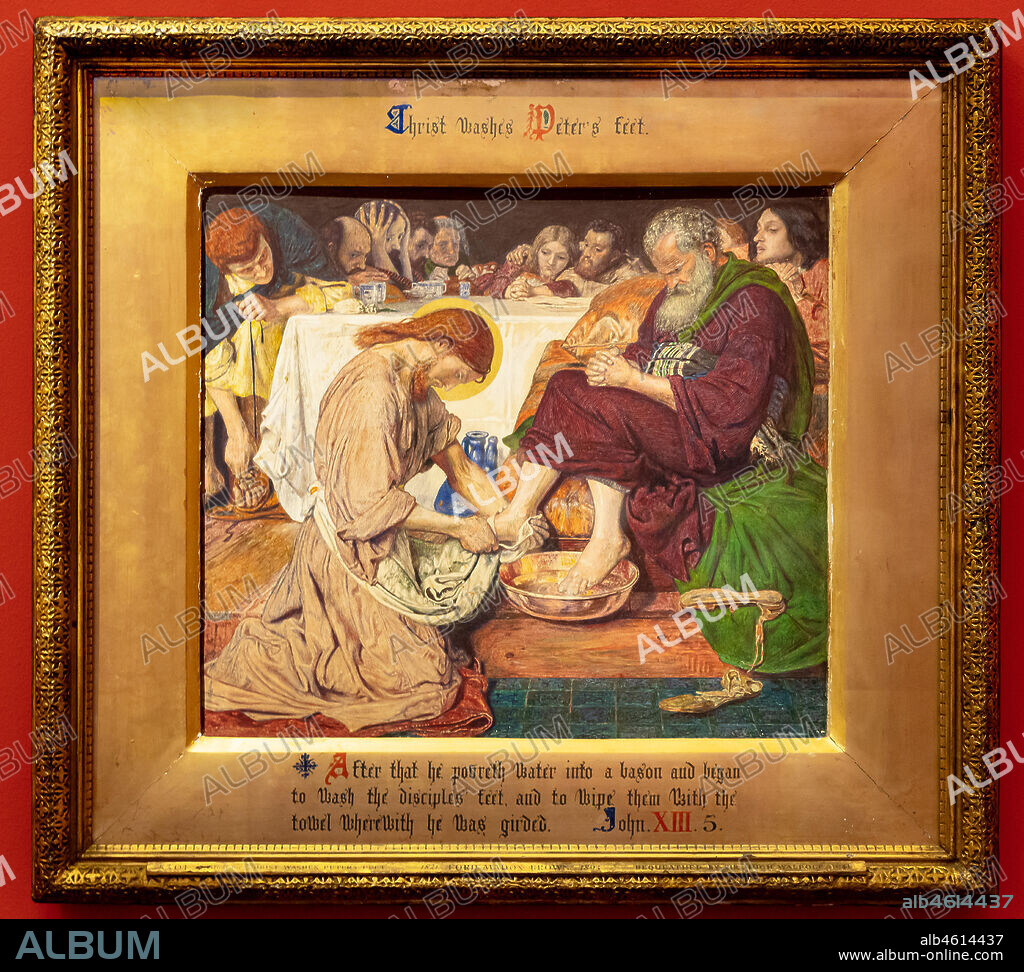 "Jesus washing Peter's feet", (1857-8) by Ford Madox Brown (1821 - 93); watercolour on paper. The character holding his head in his hands is William Holman Hunt; the blond haired disciple is Dante Gabriel Rossetti.