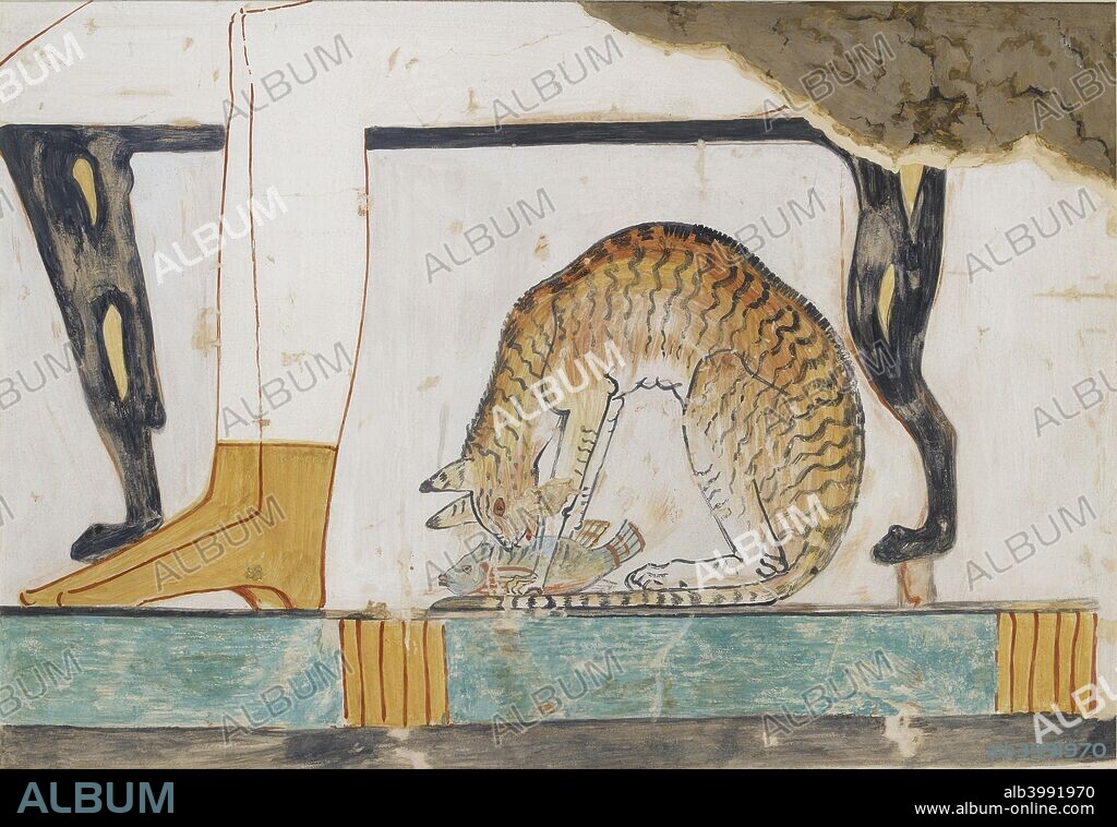 Copy of wall painting from private tomb 52 of Nakht, Thebes (I, 1, 99-102) cat eating fish, 20th century. Framed.