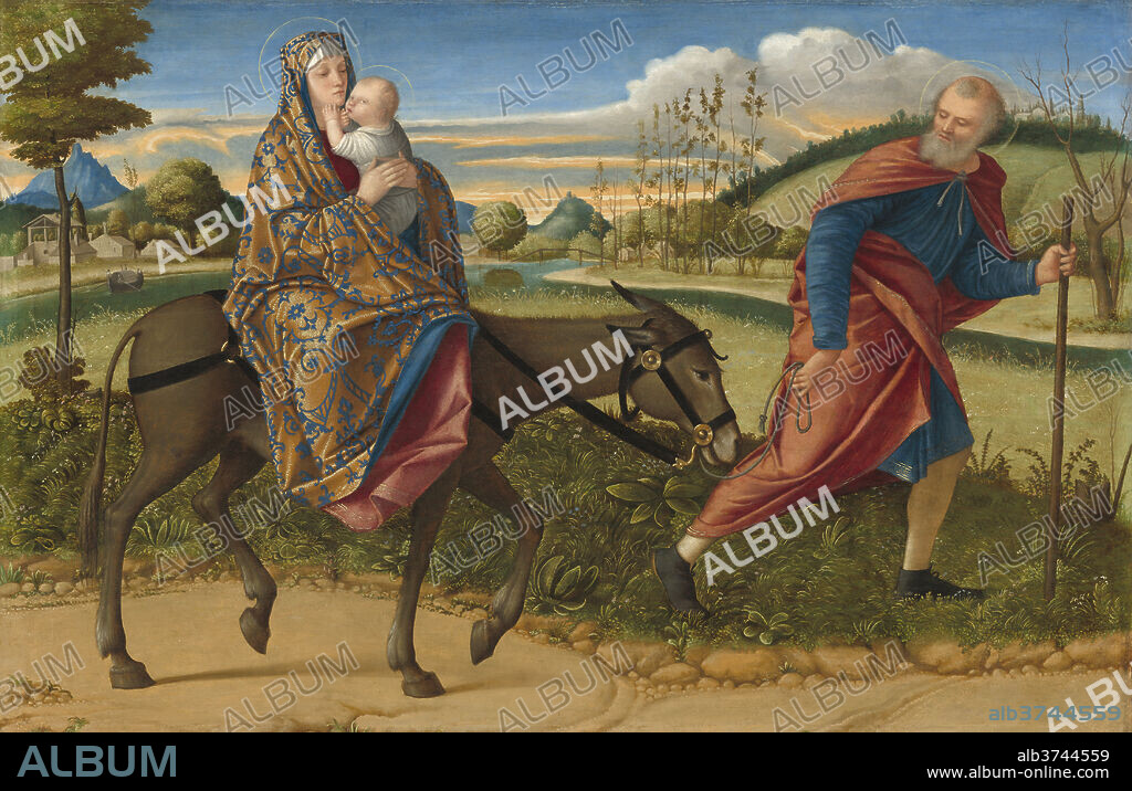 VITTORE CARPACCIO. The Flight into Egypt. Dated: c. 1515. Dimensions: painted surface: 72 x 111 cm (28 3/8 x 43 11/16 in.)  overall (including attached pieces): 74 x 113 cm (29 1/8 x 44 1/2 in.)  framed: 122.9 x 160 cm (48 3/8 x 63 in.). Medium: oil on panel.