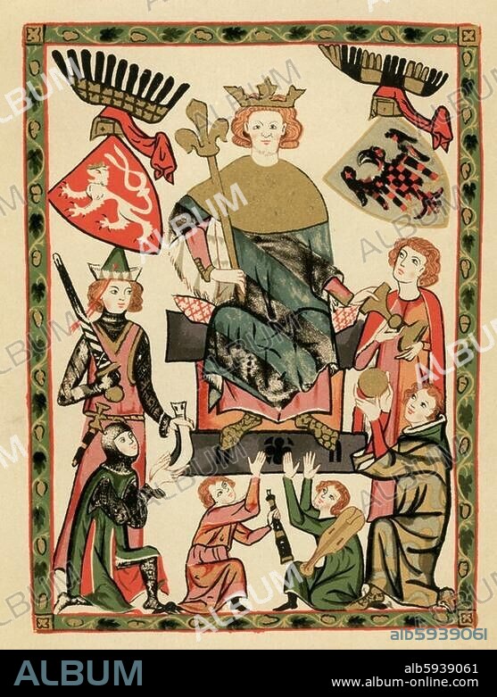 ANONYM. Buchmalerei, Zürich um 1310-1340. König Wenzel II. von Böhmen (1271-1305), umgeben von Hofbeamten und Spielleuten. Aus: Große Heidelberger Liederhandschrift (Codex Manesse). Auf Pergament, 355 × 250 mm. Cod. Pal. Germ. 848 fol. 10r. Heidelberg, Universitätsbibliothek.