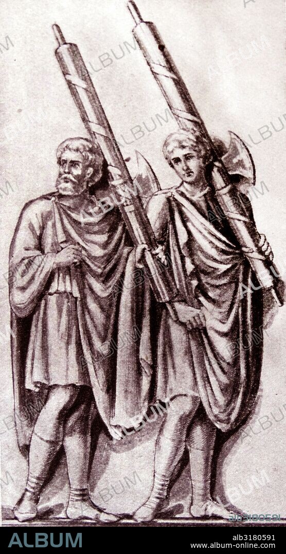 Roman lictors carrying Fasces. An ancient institution in Rome, the lictors date from the time of the kings. 'Fasces' were bundles of rods of elm or birch enclosing an axe and bound with a red strap.