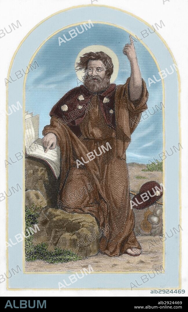 SAN JAIME o SANTIAGO EL MAYOR (¿? -h. 42 d. C.). Apóstol. Murió martirizado en tiempos de Herodes Agripa I. Se le representa como peregrino. Grabado del siglo XIX. Coloreado.