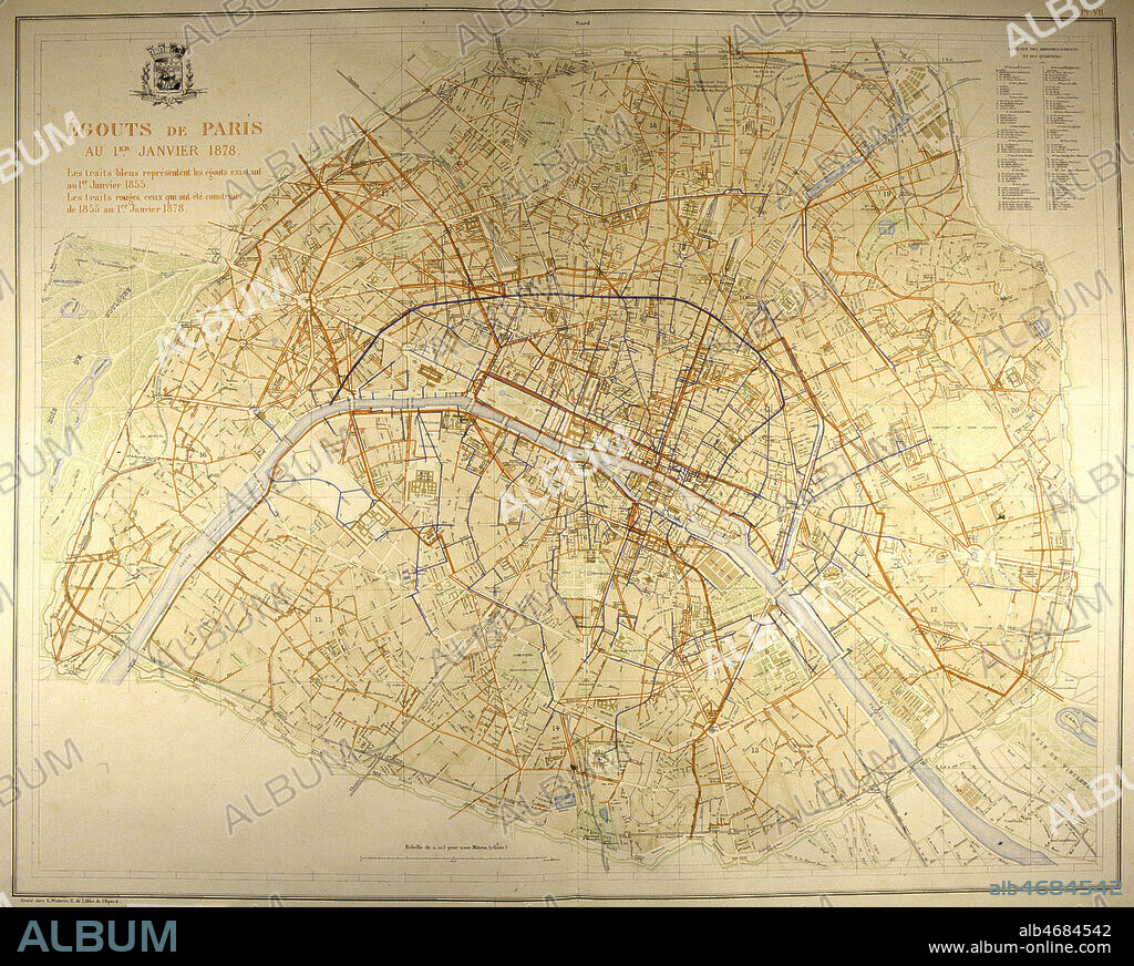Les egouts de Paris au 1er janvier 1878. Plan tire de l'ouvrage d'Eugene POUBELLE (1831-1907) 'Atlas des travaux de Paris', publie en 1889. (19e, 19eme, XIXe s.) Credit : JEAN VIGNE / KHARBINE-TAPABOR.