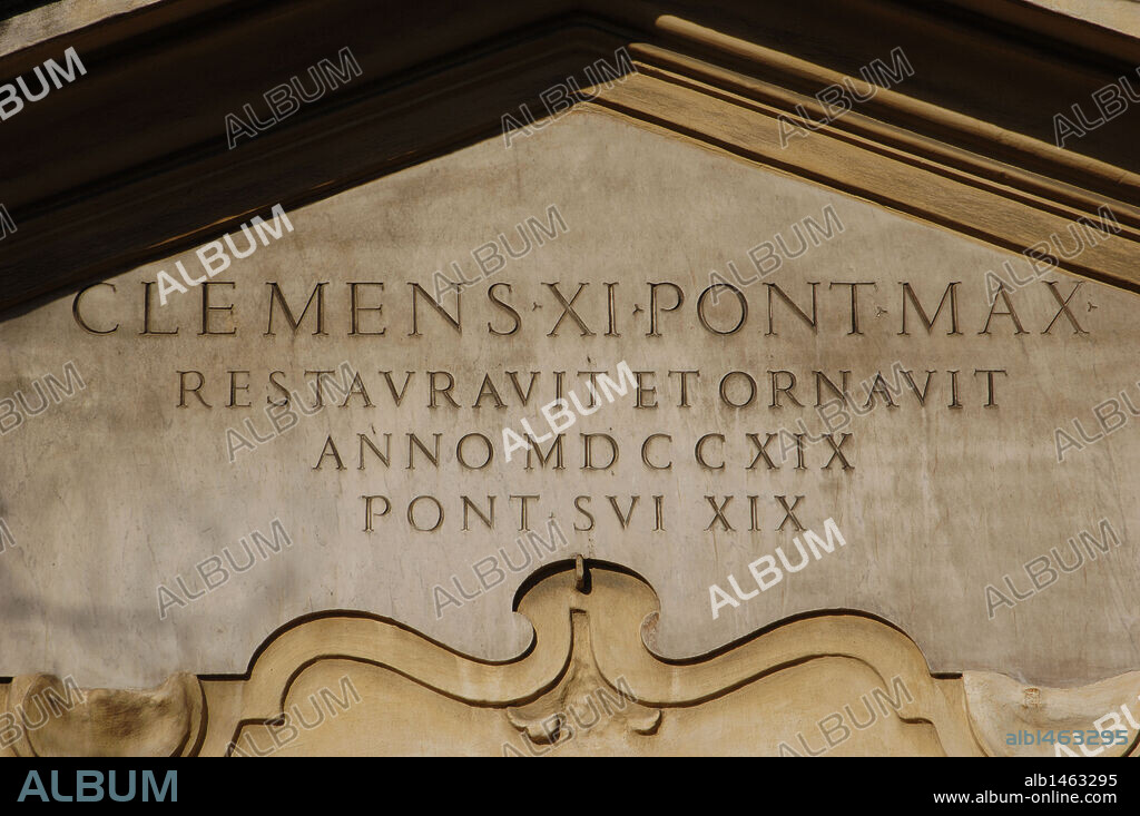 Italy. Rome. The Basilica of Saint Clement (Basilica di San Clemente al Laterano). Church dedicated to Pope Clement I (1st cenutry A.C.). Founded in 4th century, rebuilt in 12th century and rebuilt in 18th century. Exterior. Inscription.