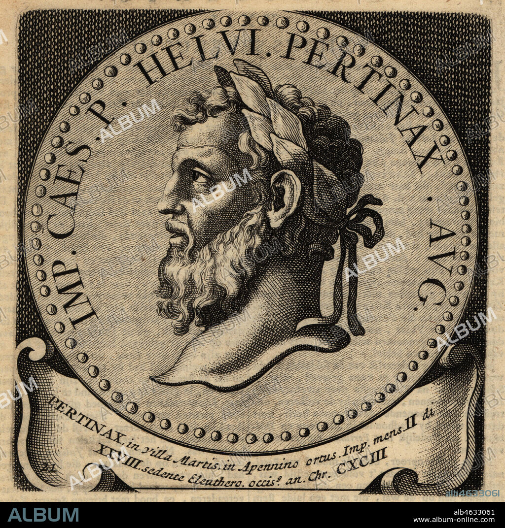 Roman Emperor Pertinax, 126AD-193AD, Publius Helvius Pertinax Augustus. Copperplate engraving from Abraham Bogaerts De Roomsche Monarchy, The Roman Monarchy, Francois Salma, Utrecht, 1697.