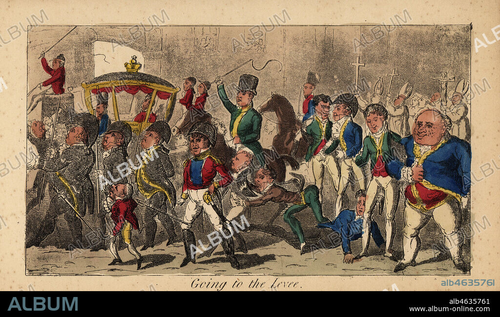 King George IV of England riding a carriage in a royal parade through Dublin, 1821. Accompanied by Irish gentlemen, lancers, soldiers, bishops and aldermen. Going to the Levee. Handcoloured engraving from Pierce Egans Real Life in Ireland, or the Day and Night Scenes, Rovings, Rambles, and Sprees, Bulls, Blunders, Bodderation and Blarney, of Brian Boru Esq., and his Elegant Friend Sir Shawn ODogherty, published by William Evans, London, 1829.