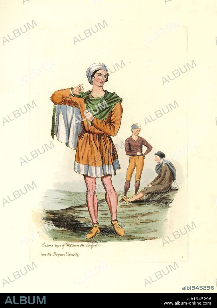 Costume of the time of William the Conqueror from the Bayeux Tapestry. A peasant in tunic, cloak and hat. Handcolored engraving from "Civil Costume of England from the Conquest to the Present Period" drawn by Charles Martin and etched by Leopold Martin, London, Henry Bohn, 1842. The costumes were drawn from tapestries, monumental effigies, illuminated manuscripts and portraits. Charles and Leopold Martin were the sons of the romantic artist and mezzotint engraver John Martin (1789-1854).