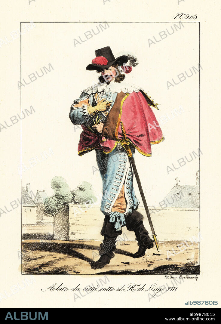 French bourgeois man during the reign of King Louis XIII. In plumed hat, short cape, lace collar, laced doublet and pantalons, cavalier boots, sword. Costume de ville sous Louis XIII. Handcoloured lithograph by Lorenzo Bianchi and Domenico Cuciniello after Hippolyte Lecomte from Costumi civili e militari della monarchia francese dal 1200 al 1820, Naples, 1825. Italian edition of Lecomtes Civilian and military costumes of the French monarchy from 1200 to 1820.