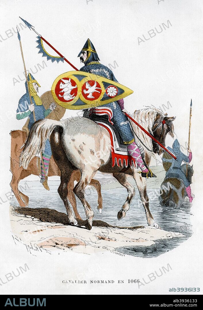 Norman cavalry, 1066 (1882-1884). Norman cavalrymen with the weapons and armour they would have carried at the time of the Battle of Hastings. A print from La France et les Français à Travers les Siècles, Volume I, F Roy editor, Saint-Antoine, 1882-1884.