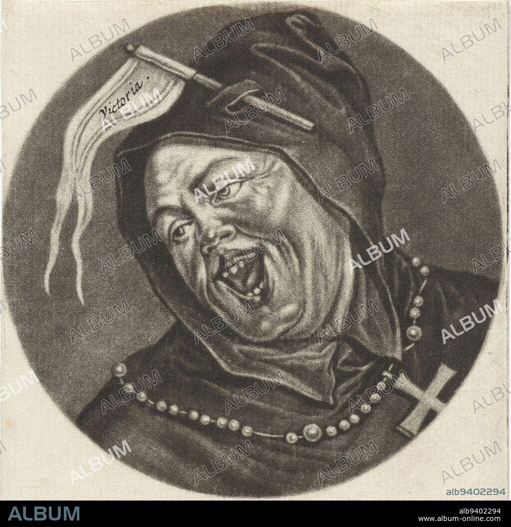 Singing monk with a flag on his hood bearing the text 'Victoria'. The print is part of a series with caricatures of the French clergy under Louis XIV, Monk with a flag Le Pere Victoire Caricatures on the French clergy under Louis XIV, (A) Renversement de la Morale Chr, print maker: Jacob Gole, Cornelis Dusart, 1670 - 1724 and/or 1693 - 1700, paper, engraving, h 115 mm × w 90 mm.