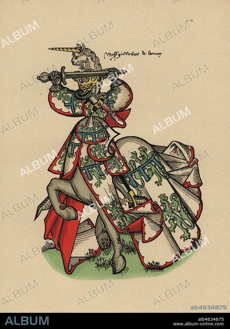 Gilbert de Lannoy, Seigneur de Villerval, 1386-1462. Chromolithograph from Loredan Larchey's Ancien Armorial Equestre de la Toison d'Or et de l'Europe au 15e siecle (Ancient Equestrian Armorials of the Order of the Golden Fleece and Europe in the 15th century), Paris, 1890. From illustrated manuscript 4790 in the Bibliotheque de l'Arsenal.