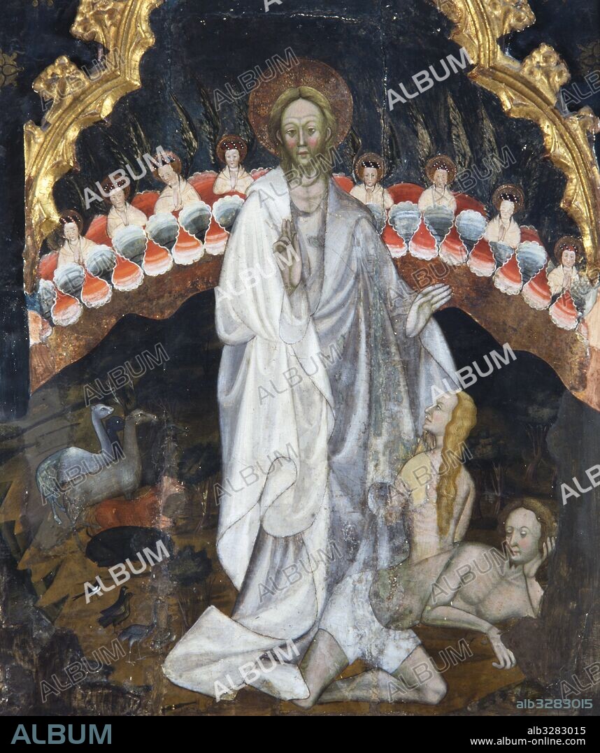 RAMON DE MUR. Altarpiece from Guimerà, 1402 - 1412. God created Adam and Eve. Tempera on wood. 526 x 676 cm. Twenty three panels to have been conserved. From the parish church of Santa Maria in Guimerà (Alt Urgell). Museu Episcopal de Vic.