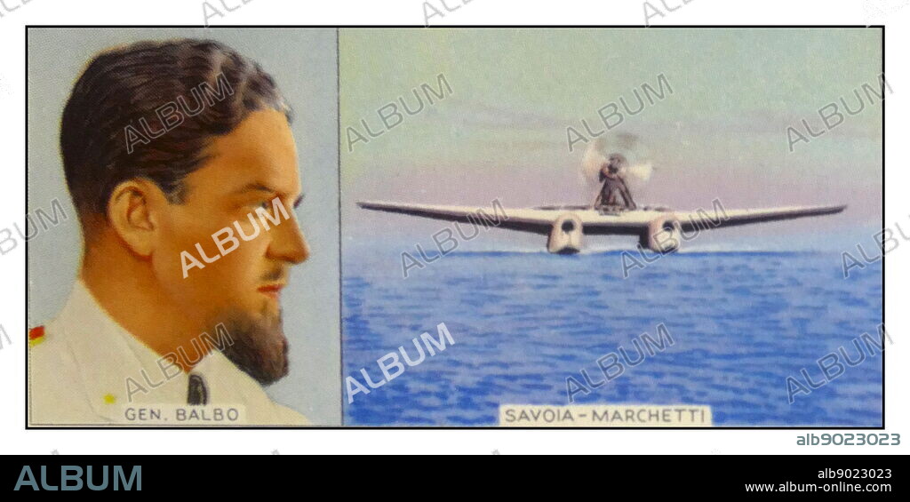 Illustration depicting Italo Balbo and his plane Savoia-Marchetti. Italo Balbo (1896-1940) an Italian Blackshirts leader who served as Italy's Marshal of the Air Force. Dated 20th Century.