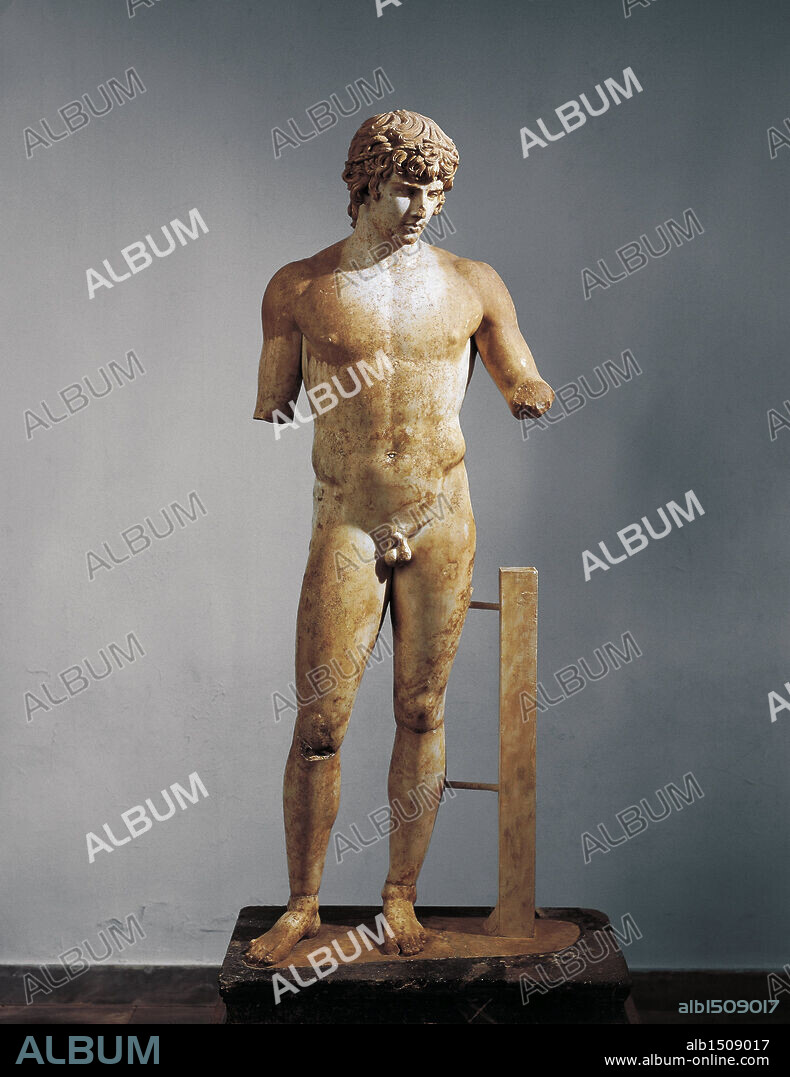 Roman civilization, 2nd century A.D. Marble statue of Antinous, height 180 cm. From the temple of Apollo at Delphi, Greece.
