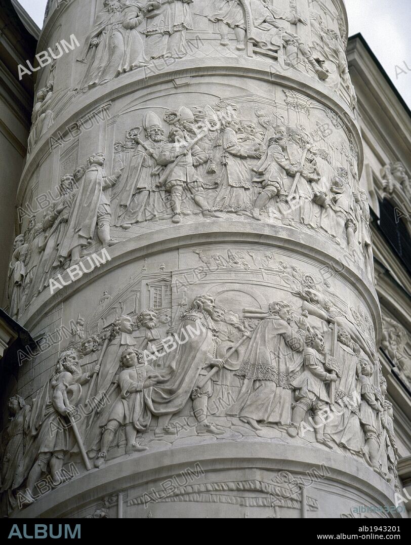 Church of St. Charles (1716-1737). Right column with spiral decoration depicting scenes from the life of St. Charles Borromeo. The Courage. Carved by Lorenzo Mattielli (1678/88-1748). Detail. Vienna. Austria.