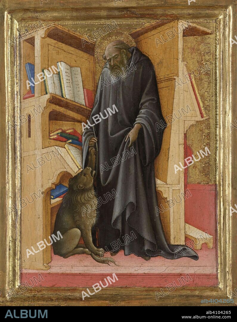 LORENZO MONACO. Saint Jerome in his Study. De heilige Hieronymus in zijn studeervertrek. Dating: c. 1420. Place: Florence. Measurements: h 23 cm × w 18 cm × t 3 cm.