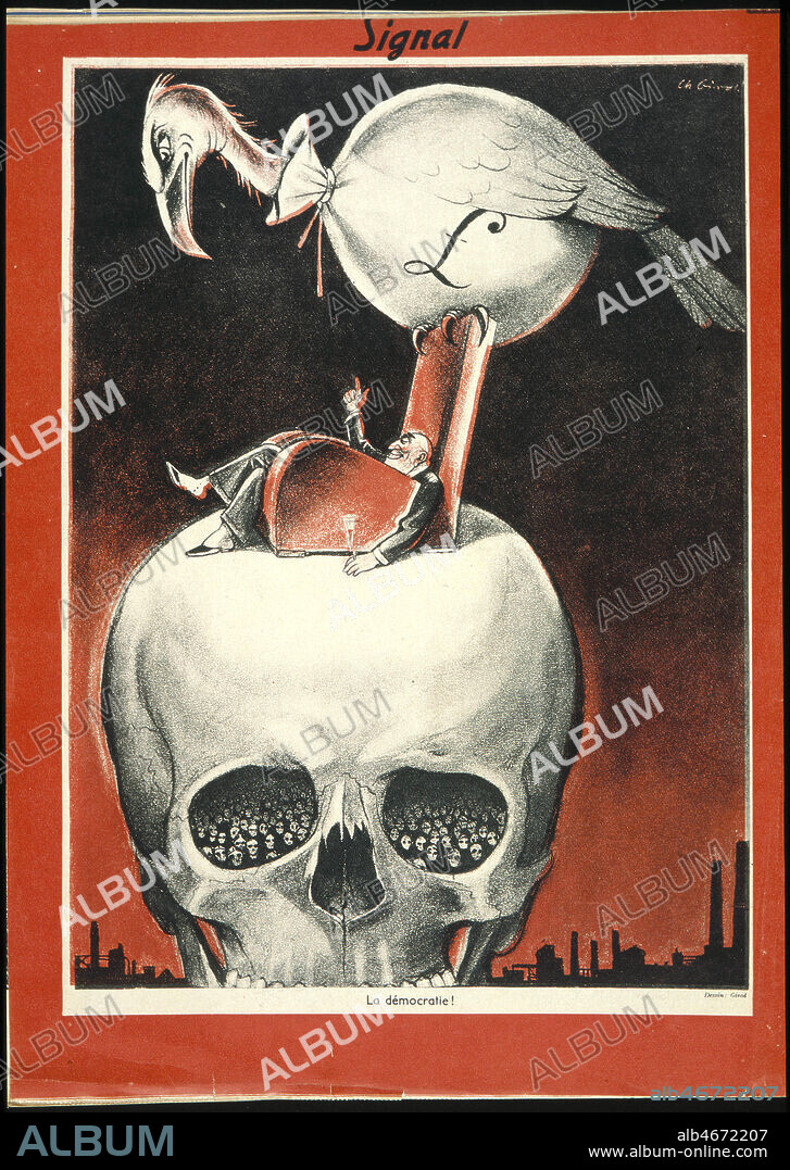 'La Democratie'. Un vautour est pose sur un crane ou repose un home dodu. Caricature publiee dans le journal allemand Signal en fevrier 1941. Credit : Collection KHARBINE-TAPABOR.