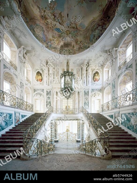 Brühl (North Rhine-Westphalia, Germany), Schloß Augustusburg / Augustusburg Palace, (built under Prince Elector Clemens August, architects: 1725 Konrad Schlaun, 1728 François Cuvilliés, 1743-48 Balthasar Neumann). - Interior view: staircase (1743-48 by Balthasar Neumann.) -Photo.