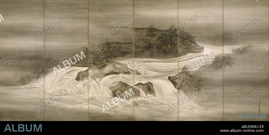 SHIOKAWA BUNRIN. River Landscape with Fireflies. Date/Period: 1874. Painting. One of a pair of six-fold screens: ink with slight color and gold paint on paper. Width: 3773.42. Height: 1728.22 ft.