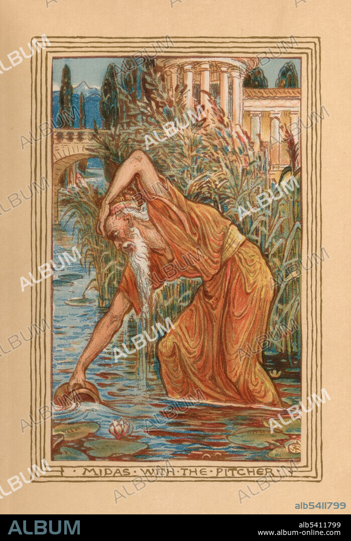 The Golden Touch, recounts the tale of King Midas popularly remembered for his ability to turn everything he touched into gold. In the version told by Hawthorne, Midas' daughter came to him, upset about the roses that had lost their fragrance and become hard, and when he reached out to comfort her, she turned to gold as well. Now, Midas hated the gift he had coveted. He prayed to Dionysus, begging to be delivered from starvation. Dionysus heard his prayer, and consented, telling Midas to wash in the river Pactolus. Then, whatever he put into the water would be reversed of the touch. Nathaniel Hawthorne (1804-1864) was an American novelist, dark romantic, and short story writer. His, A Wonder-Book for Girls and Boys, first published in 1851, is a children's book in which he retells several Greek myths. Walter Crane (1845-1915) was an English artist and book illustrator. Printed at the Riverside Press, 1893.