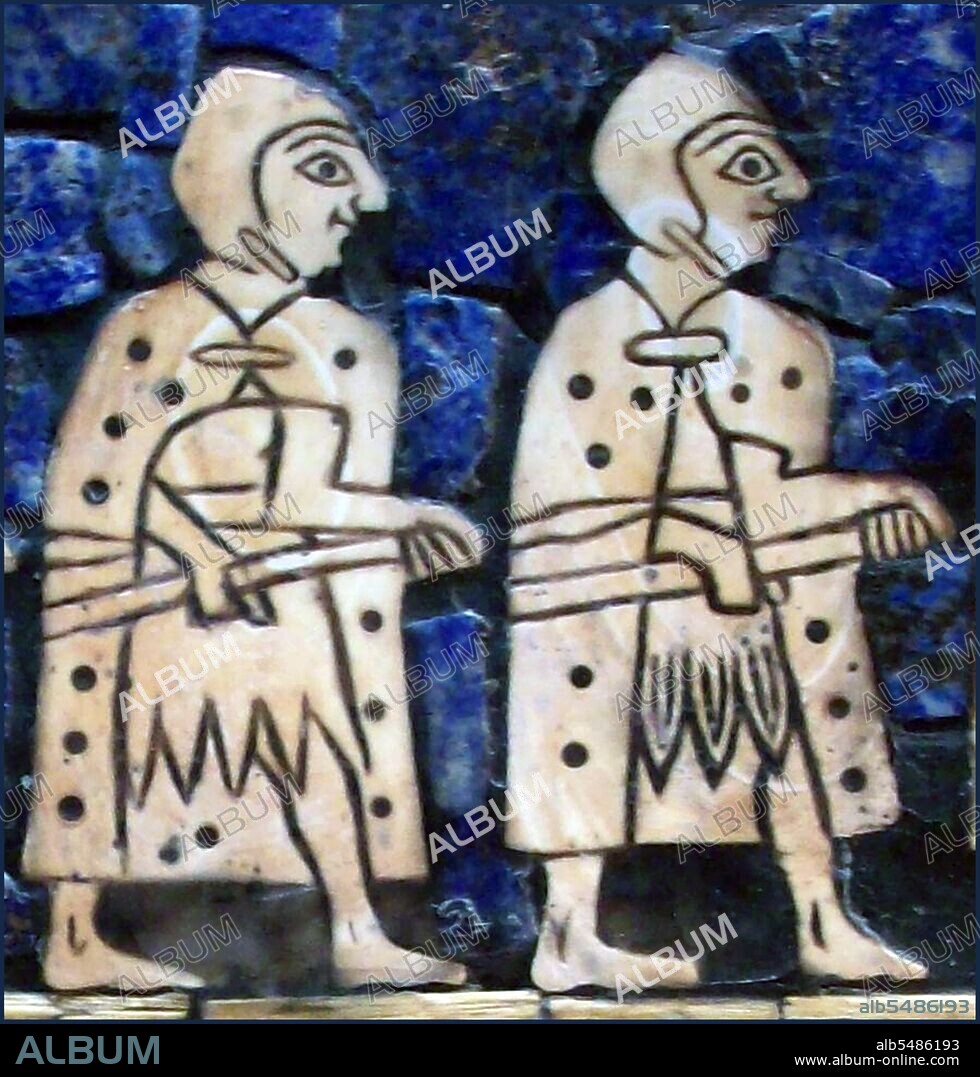 The Standard of Ur survived in only a fragmentary condition, as the effects of time over the last several millennia had decayed the wooden frame and bitumen glue which had cemented the mosaic in place. The weight of the soil had crushed the object, fragmenting it and breaking the end panels. The present form of the artifact is a reconstruction, presenting a best guess of its original appearance. It has been reconstructed as a hollow wooden box measuring 21. 59 centimetres (8. 50 in) wide by 49. 53 centimetres (19. 50 in) long, inlaid with a mosaic of shell, red limestone and lapis lazuli. The box has an irregular shape with end pieces in the shape of truncated triangles, making it wider at the bottom than at the top. Inlaid mosaic panels cover each long side of the Standard. Each presents a series of scenes displayed in three registers, upper, middle and bottom. The two mosaics have been dubbed 'War' and 'Peace' for their subject matter, respectively a representation of a military campaign and scenes from a banquet. The panels at each end originally showed fantastical animals but they suffered significant damage while buried, though they have since been restored.