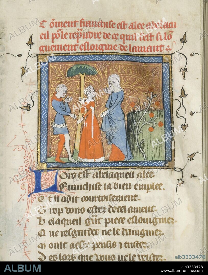 MASTER OF THE ROSE NOVELS. Miniature from a manuscript of the Roman de la Rose by Guillaume de Lorris and Jean de Meun.