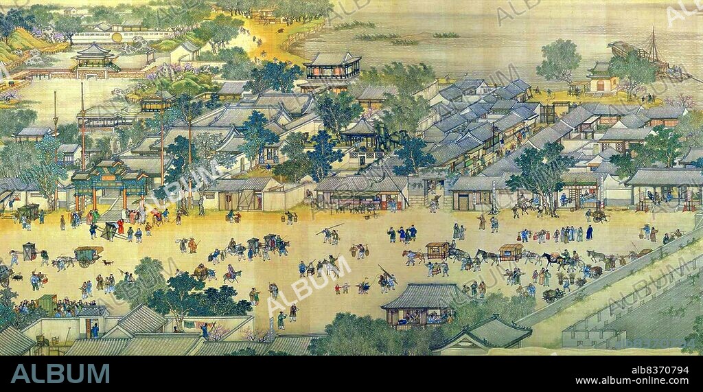 'Along the River During the Qingming Festival' is a painting by the Song dynasty artist Zhang Zeduan (10851145). It captures the daily life of people and the landscape of the Northern Song capital, Bianjing, today's Kaifeng. The theme is said to celebrate the festive spirit and worldly commotion at the Qingming Festival, rather than the holiday's ceremonial aspects, such as tomb sweeping and prayers.<br/><br/>. Successive scenes reveal the lifestyle of all levels of the society from rich to poor as well as different economic activities in rural areas and the city, and offer glimpses of period clothing and architecture. The scroll is 25.5 centimetres (10.0 inches) in height and 5.25 meters (5.74 yards) long. In its length there are 814 humans (of whom only 20 are women), 28 boats, 60 animals, 30 buildings, 20 vehicles, 8 sedan chairs, and 170 trees. The countryside and the densely populated city are the two main sections in the picture, with the river meandering through the entire length.<br/><br/>. The original painting is the most celebrated work of art from the Song dynasty. Due to this high artistic reputation, it has inspired several works of art that revived and updated the style of the original. The version presented here was made by five Qing dynasty court painters (Chen Mu, Sun Hu, Jin Kun, Dai Hong and Cheng Zhidao) and presented to the Qianlong Emperor on January 15, 1737.<br/><br/>. There are many more people, over 4,000, in the Qing remake, which also is much larger (at 11 metres by 35 cm, or 37 ft by 1 ft). The full scroll should be viewed from right to left.