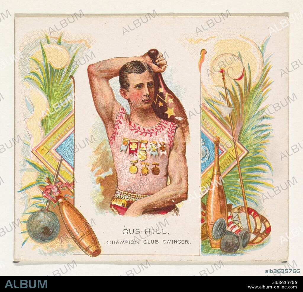 Gus Hill, Champion Club Swinger, from World's Champions, Second Series (N43) for Allen & Ginter Cigarettes. Dimensions: Sheet: 2 15/16 x 3 1/4 in. (7.4 x 8.3 cm). Lithographer: Lindner, Eddy & Claus (American, New York). Publisher: Allen & Ginter (American, Richmond, Virginia). Date: 1888.
Trade cards from "World's Champions," Second Series (N43), issued in 1888 in a set of 50 cards to promote Allen & Ginter brand cigarettes.