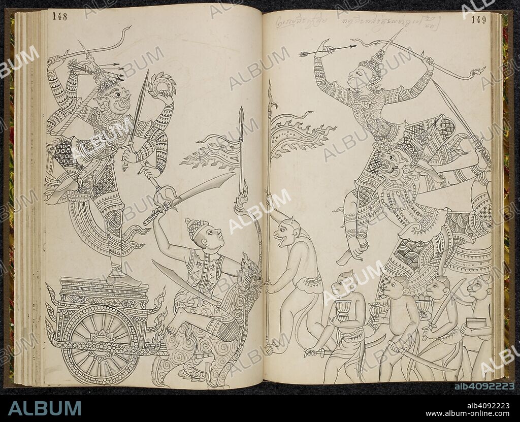 Battle between Ravana and Rama who is being carried by Hanuman, the monkey king, scene from the Ramakien (Thai version of the Ramayana). Ramakien (Thai version of the Ramayana). 1880. Materials: European paper Dimensions: 230 mm x 355 mm Script: Khom script, a variant of Khmer script used in Thailand in pencil. Source: Or. 14859 ff.148-149. Language: Thai.