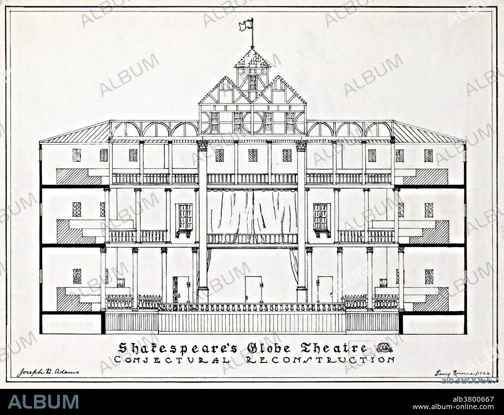 Entitled: "Shakespeare's Globe Theatre, conjectural reconstruction". Planned and executed by Joseph Quincy Adams and Henry Roenne in 1922. The Globe was owned by actors who were also shareholders in Lord Chamberlain's Men. The Lord Chamberlain's Men was a playing company for whom Shakespeare wrote for most of his career. The Globe was built in 1599 using timber from an earlier theater, The Theatre, which had been built by Richard Burbage's father, James Burbage, in Shoreditch. The material was ferried over the Thames to reconstruct it as The Globe on some marshy gardens to the south of Maiden Lane, Southwark. On June 29, 1613 the Globe Theatre went up in flames during a performance of Henry VIII. A theatrical cannon, set off during the performance, misfired, igniting the wooden beams and thatching. It was rebuilt in the following year. Like all the other theaters in London, the Globe was closed down by the Puritans in 1642. It was pulled down in 1644, or slightly later. The Globe's actual dimensions are unknown, but its shape and size can be approximated from scholarly inquiry over the last two centuries. The evidence suggests that it was a three-story, open-air amphitheater approximately 100 feet in diameter that could house up to 3,000 spectators.